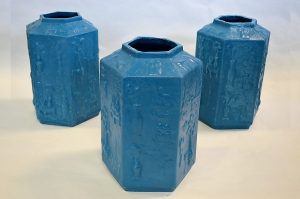 Three Replica blue wax breakaway vases for film